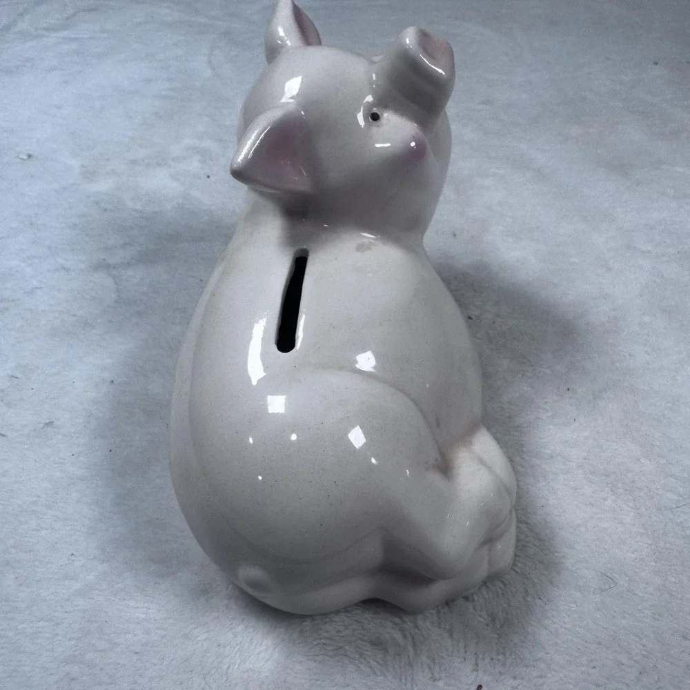 Ceramic Piggy Bank Coin Money Box Cute White Pink‎ Pig Figurine 6 Inch Decor